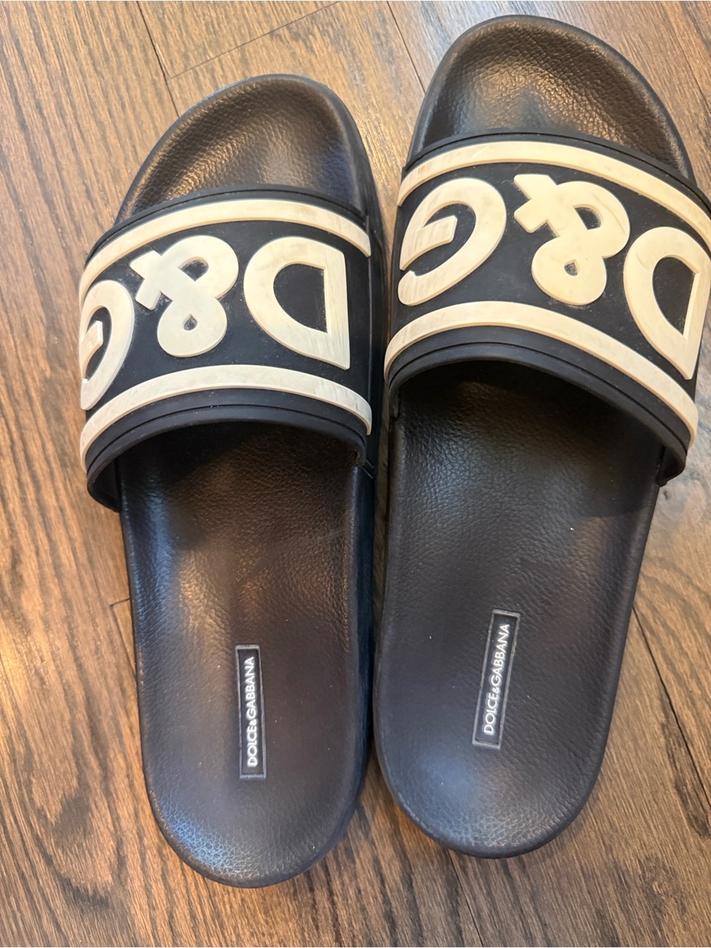 Dolce & Gabbana Black and Cream Logo Slide Sandals
